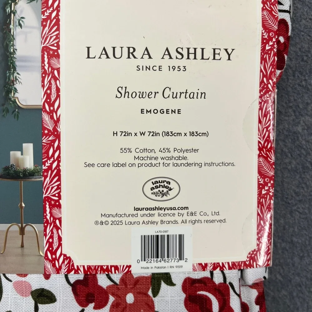 Laura Ashley Shower Curtain Emogene 72x72 Red Pink Floral Cotton Blend New